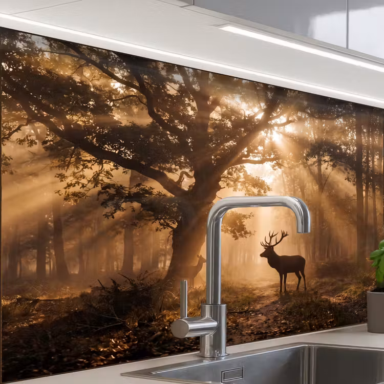 Revestimiento cocina - Ciervo - Bosque - Niebla - Naturaleza - Oro — 1
