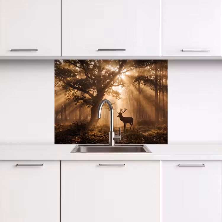 Revestimiento cocina - Ciervo - Bosque - Niebla - Naturaleza - Oro — 3