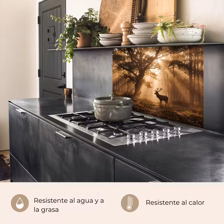 Revestimiento cocina - Ciervo - Bosque - Niebla - Naturaleza - Oro — 4