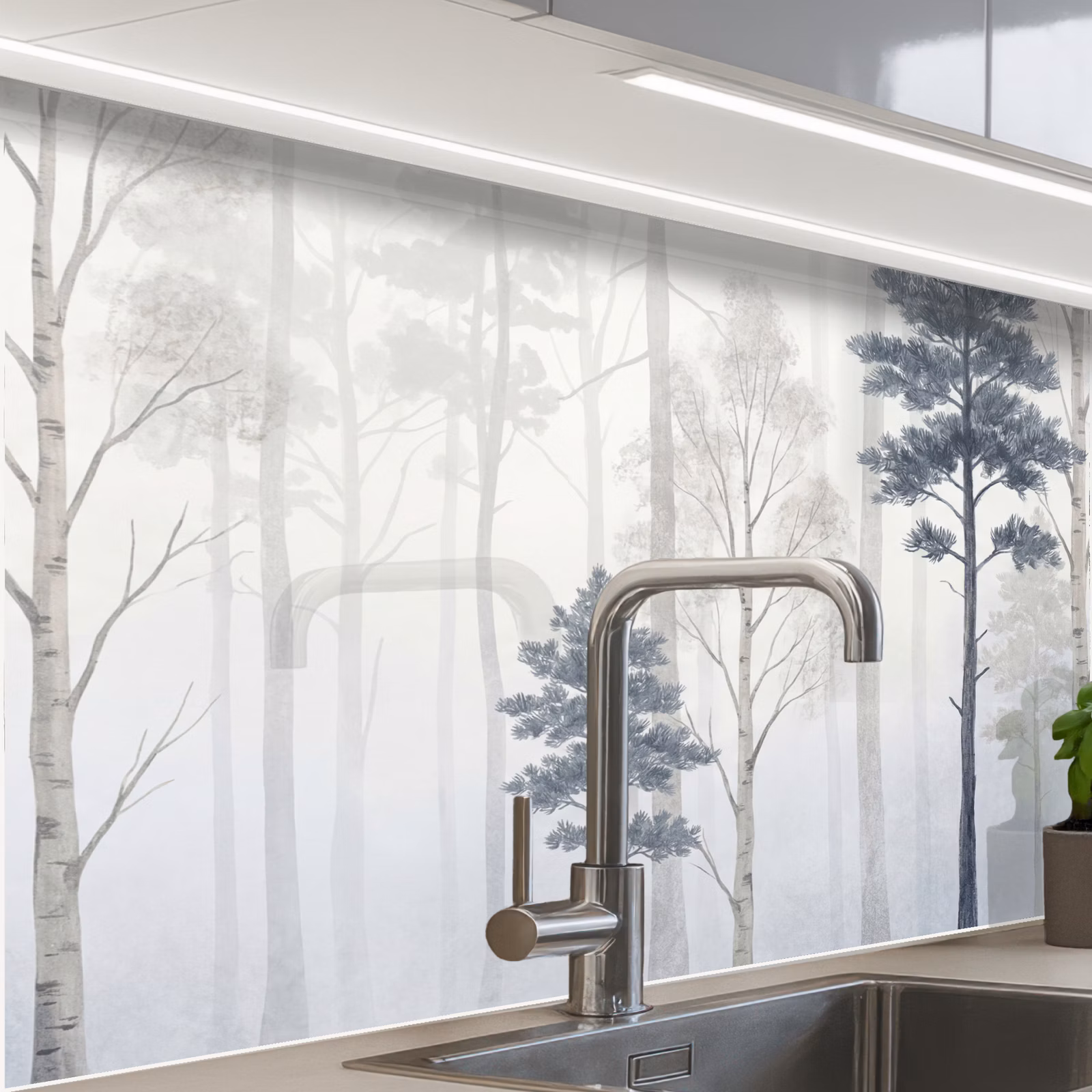 Revestimiento cocina - Bosque - Árboles - Niebla - Naturaleza - Ilustración - Gris — 1