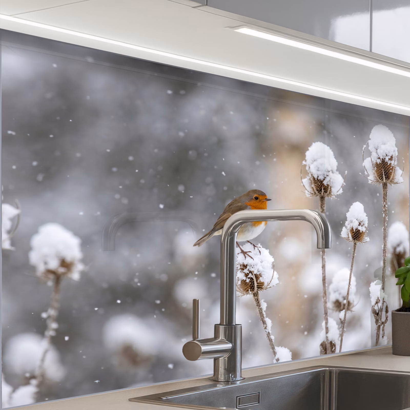 Revestimiento cocina - Petirrojo - Flor seca - Nieve - Invierno - Entrañable — 1