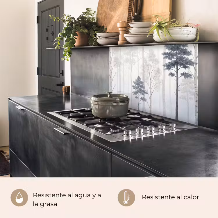 Revestimiento cocina - Bosque - Árboles - Niebla - Naturaleza - Ilustración - Gris — 4