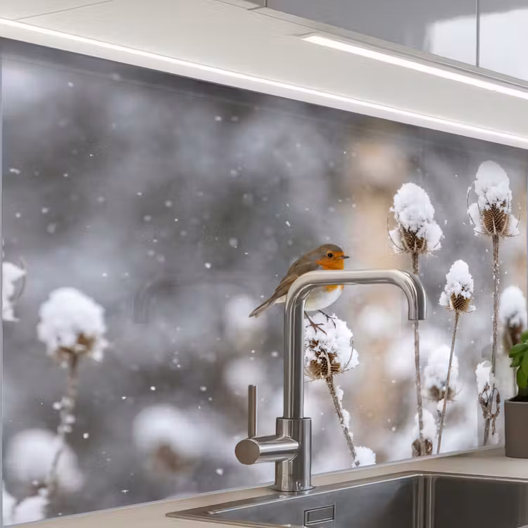 Revestimiento cocina - Petirrojo - Flor seca - Nieve - Invierno - Entrañable — 1