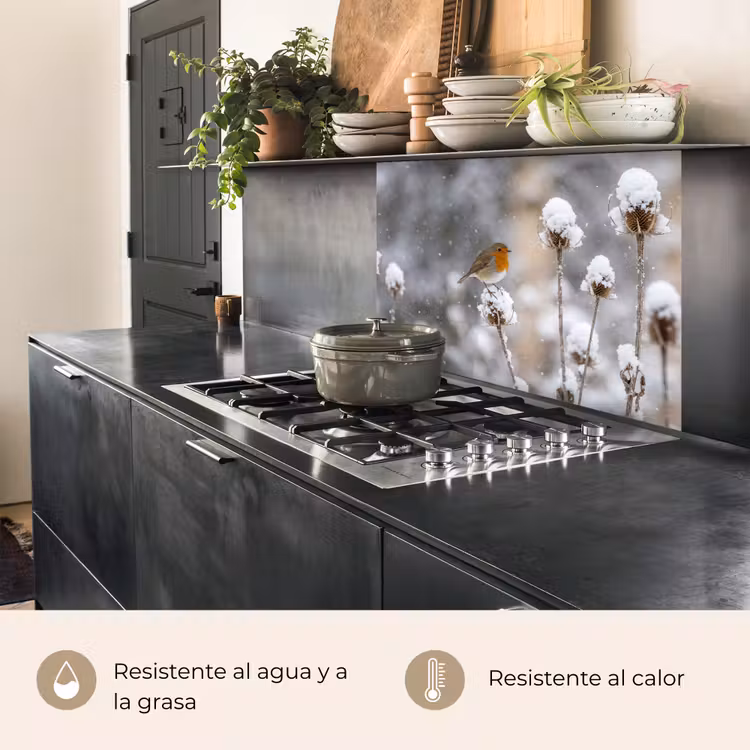 Revestimiento cocina - Petirrojo - Flor seca - Nieve - Invierno - Entrañable — 4