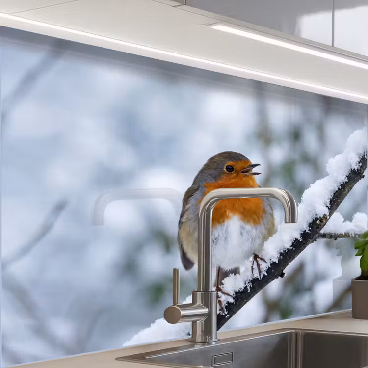 Revestimiento cocina - Petirrojo - Rama - Nieve - Invierno - Animado — 1