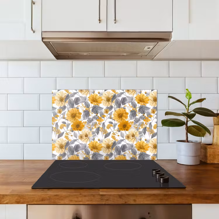 Salpicaderos de cocina - Flores - Botánico - Elegante - Amarillo ocre - Gris — 3
