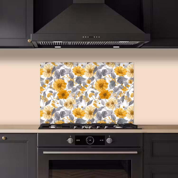 Salpicaderos de cocina - Flores - Botánico - Elegante - Amarillo ocre - Gris — 5