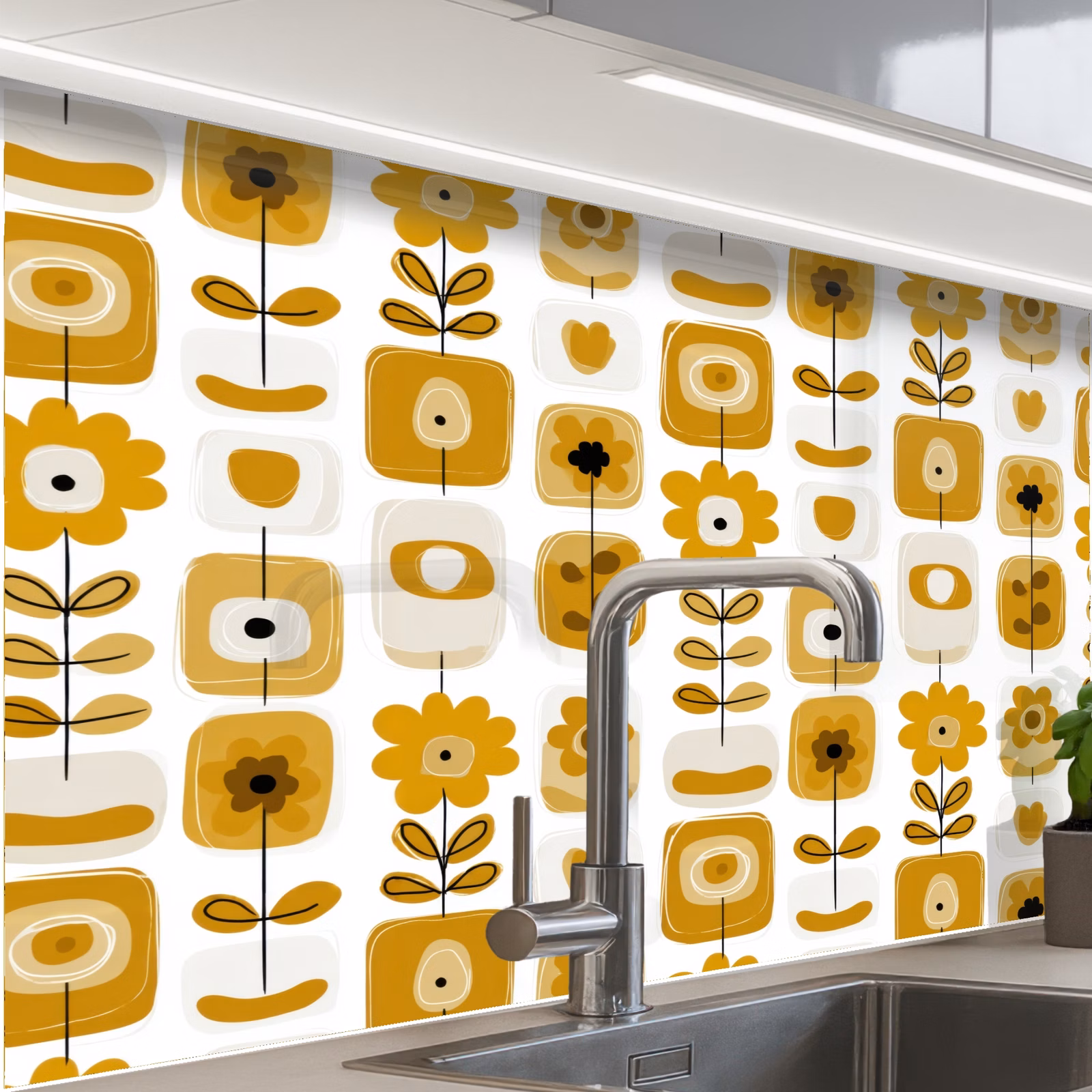 Revestimiento cocina - Retro - Abstracto - Flores - Amarillo ocre — 1