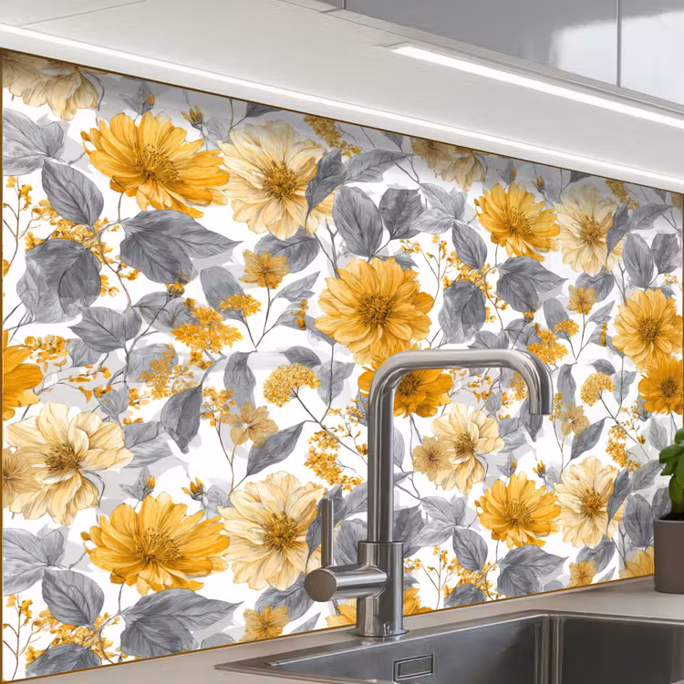 Revestimiento cocina - Flores - Botánico - Elegante - Amarillo ocre - Gris — 1