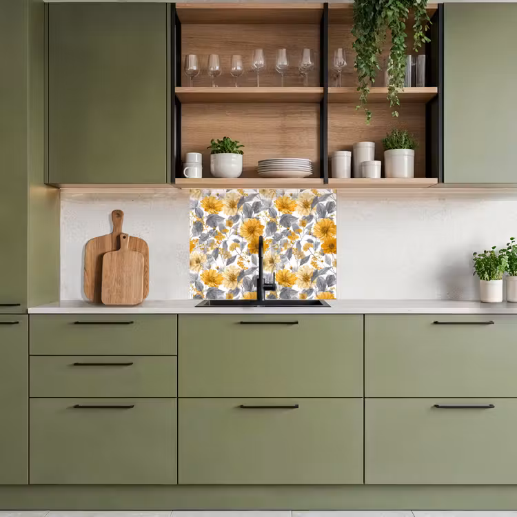 Revestimiento cocina - Flores - Botánico - Elegante - Amarillo ocre - Gris — 7