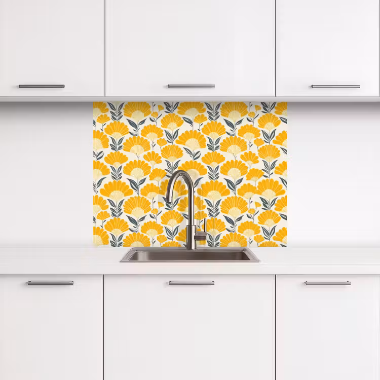 Revestimiento cocina - Flores - Retro - Botánico - Amarillo ocre - Gris — 3