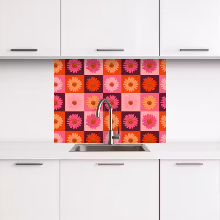 Revestimiento cocina - Margaritas - Tablero de ajedrez - Retro - Rosa - Naranja — 3