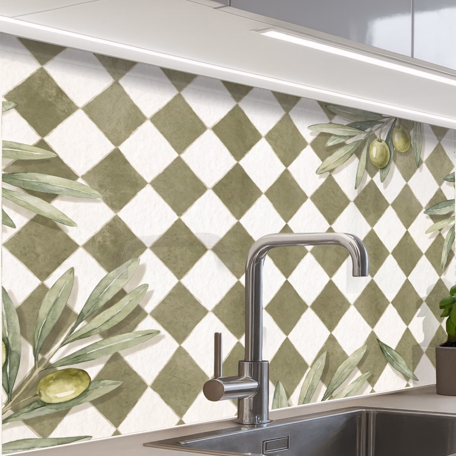Revestimiento cocina - Planta - Ramas de olivo - Acuarela - Mediterráneo - Verde — 1