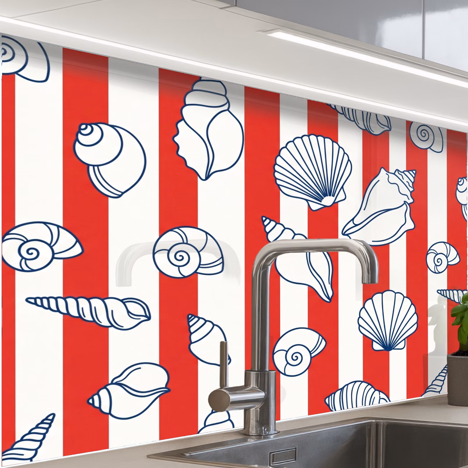 Revestimiento cocina - Concha - Animales marinos - Verano - Ilustración - Rojo - Azul — 1