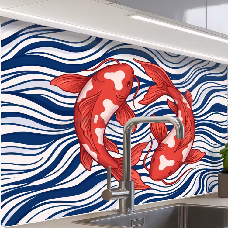 Revestimiento cocina - Peces - Agua - Naturaleza - Ilustración - Rojo — 1