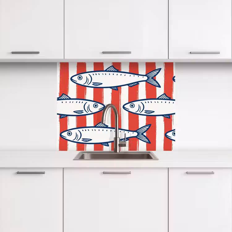 Revestimiento cocina - Pez - Estampado - Rayas - Ilustración - Rojo — 3