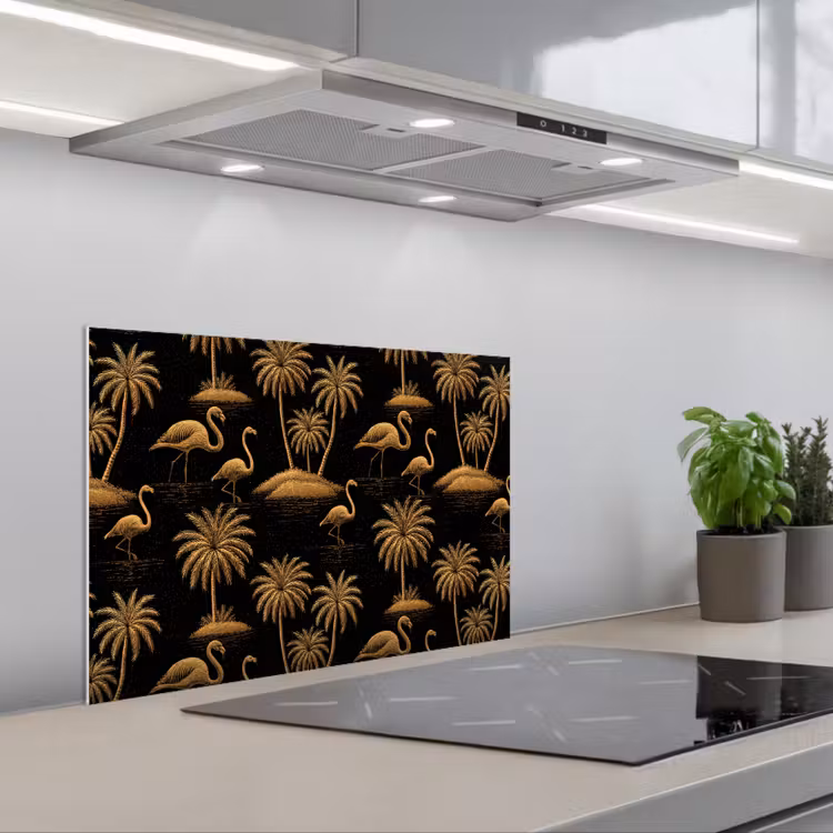 Salpicaderos de cocina - Flamenco - Palmeras - Tropical - Dorado - Negro — 1