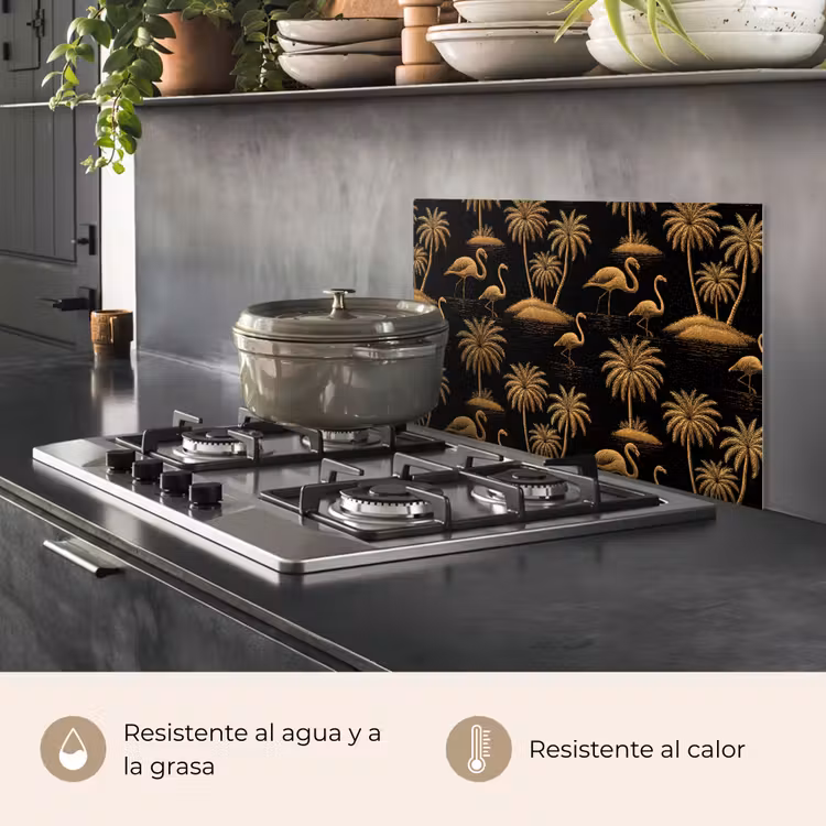 Salpicaderos de cocina - Flamenco - Palmeras - Tropical - Dorado - Negro — 2