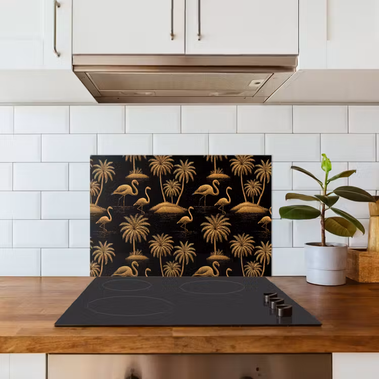 Salpicaderos de cocina - Flamenco - Palmeras - Tropical - Dorado - Negro — 3