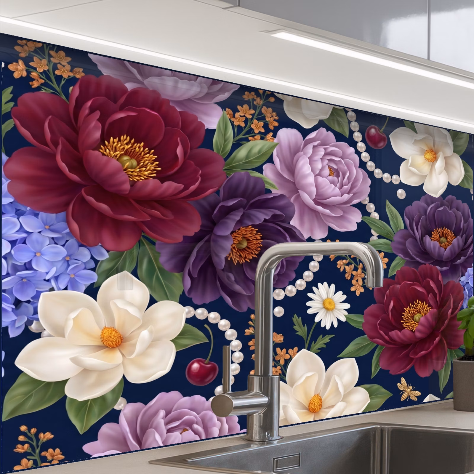 Revestimiento cocina - Flores - Perlas - Decoración - Moderno - Azul — 1