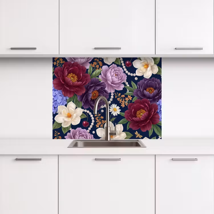 Revestimiento cocina - Flores - Perlas - Decoración - Moderno - Azul — 3