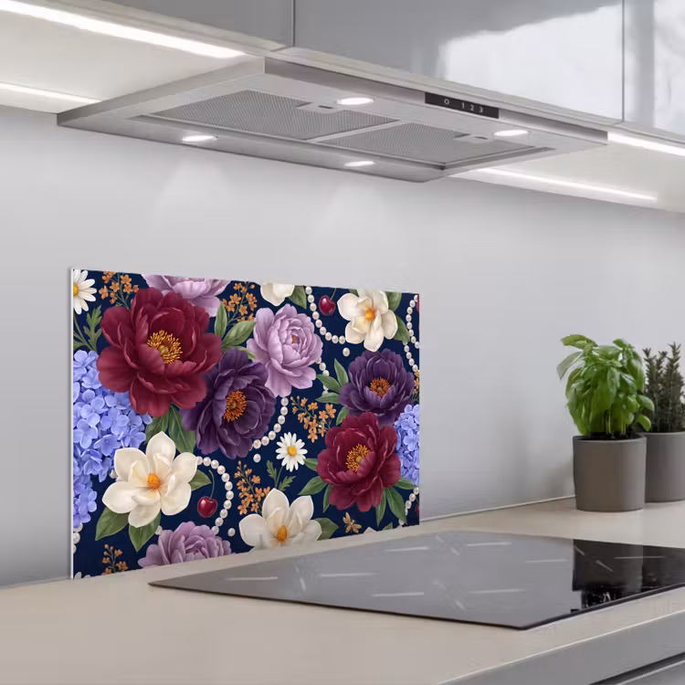 Salpicaderos de cocina - Flores - Perlas - Decoración - Moderno - Azul — 1