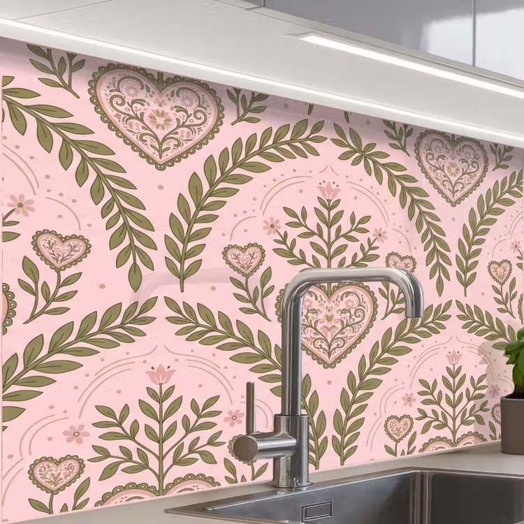 Revestimiento cocina - Motivo - Corazón - Flores - Folclórico - Rosa — 1