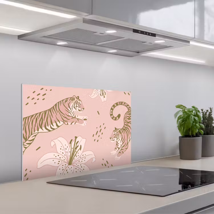 Salpicaderos de cocina - Gato - Saltando - Flores - Abstracto - Rosa — 1
