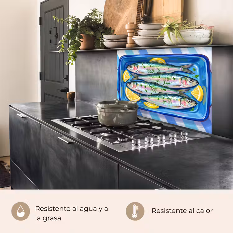 Revestimiento cocina - Pescado - Limón - Hierbas aromáticas - Comida - Azul — 4