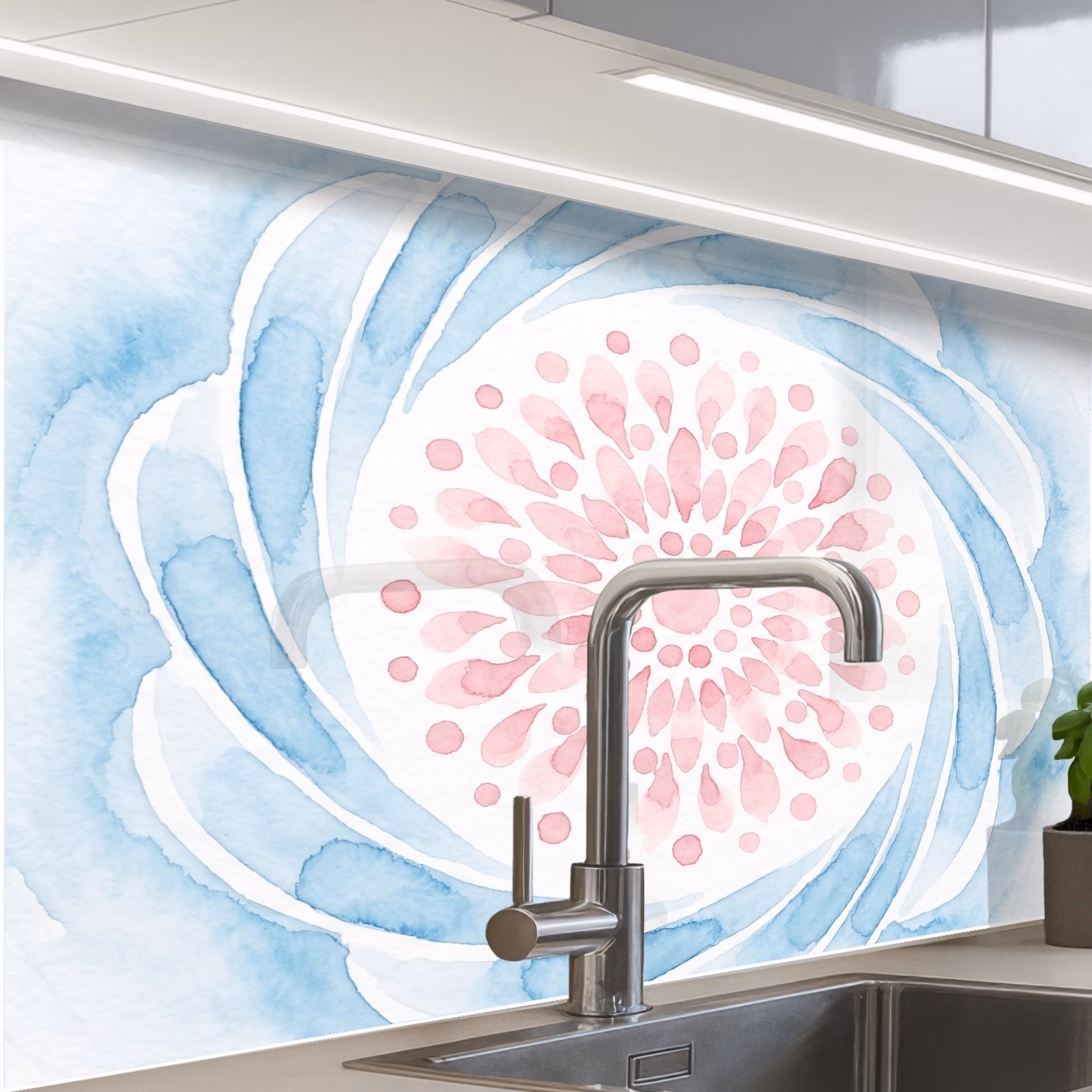 Revestimiento cocina - Resumen - Forma floral - Acuarela - Rosa - Azul — 1