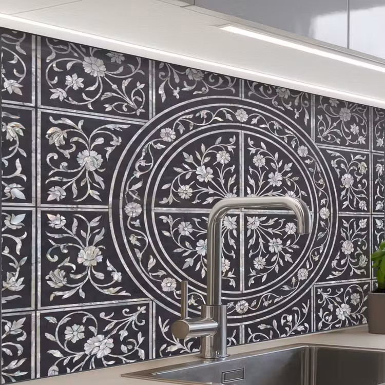 Revestimiento cocina - Patrón - Motivo floral - Decoración - Clásico - Negro — 1