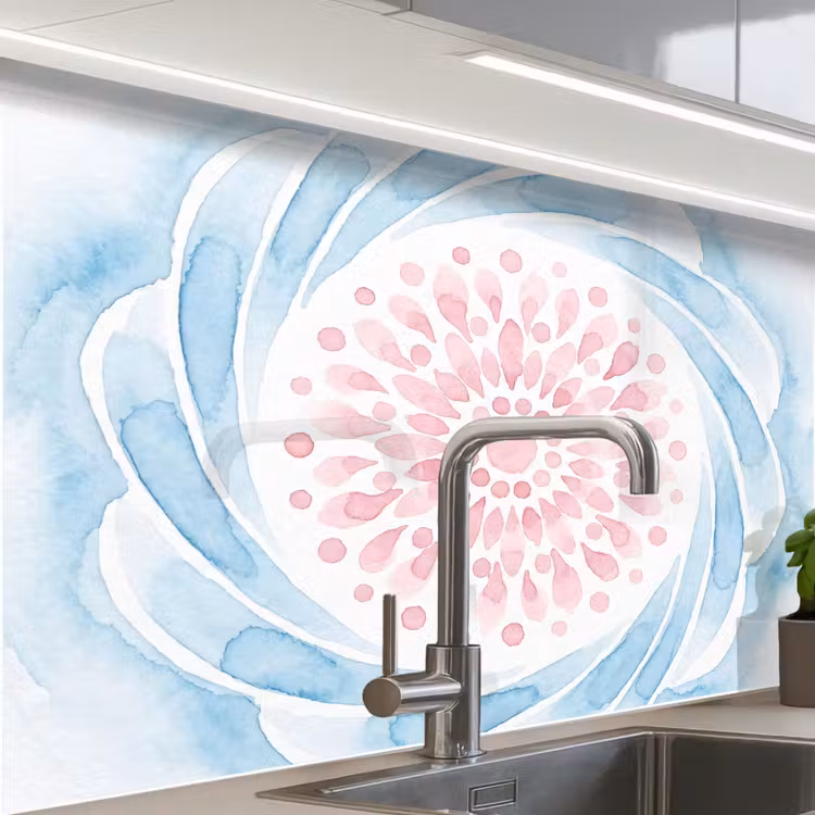Revestimiento cocina - Resumen - Forma floral - Acuarela - Rosa - Azul — 1