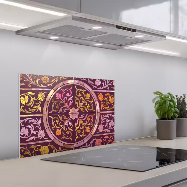 Salpicaderos de cocina - Estampado - Floral - Oriental - Morado - Dorado — 1