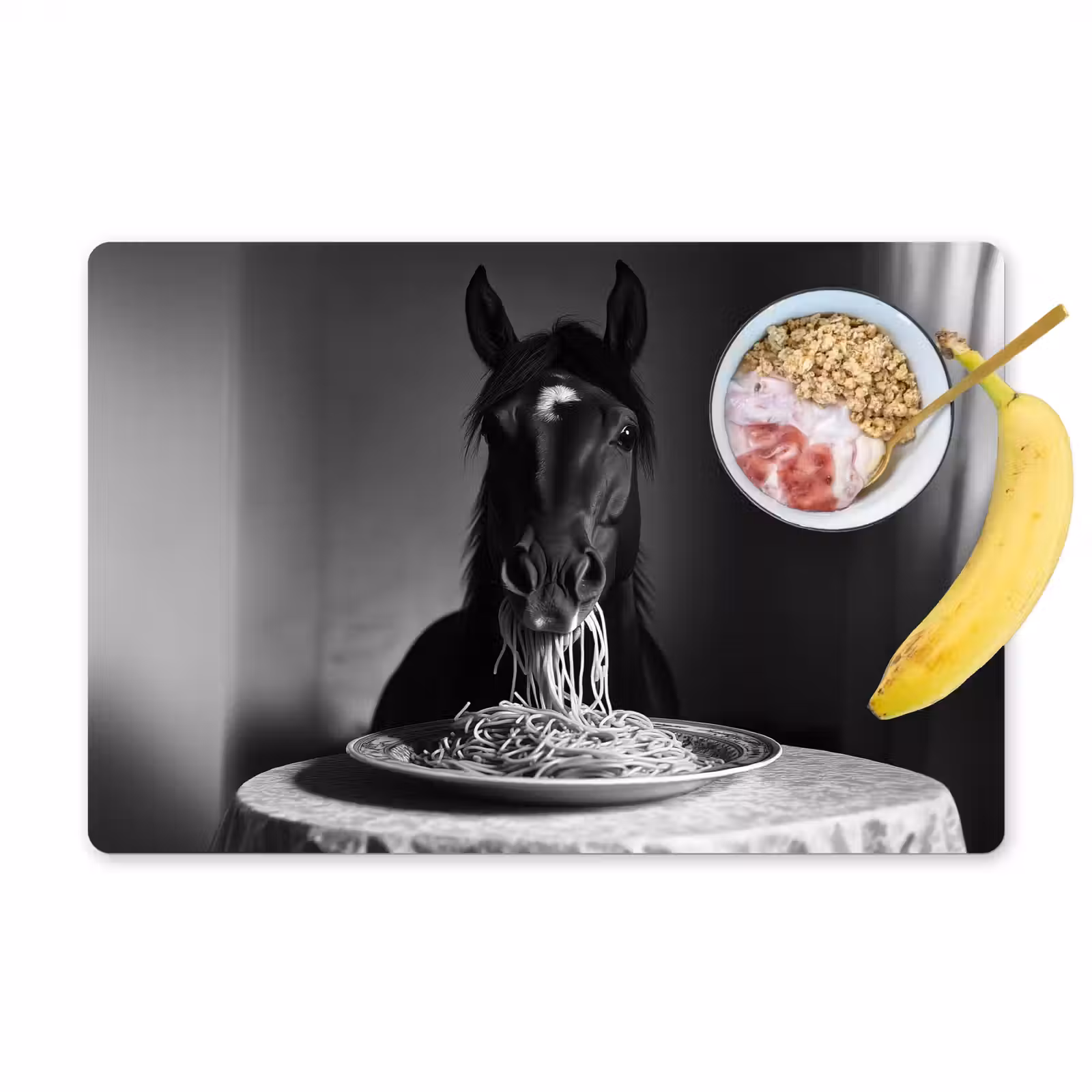 Salvamanteles - Caballo - Plato - Pasta - Mantel - Blanco y negro - Animales — 1