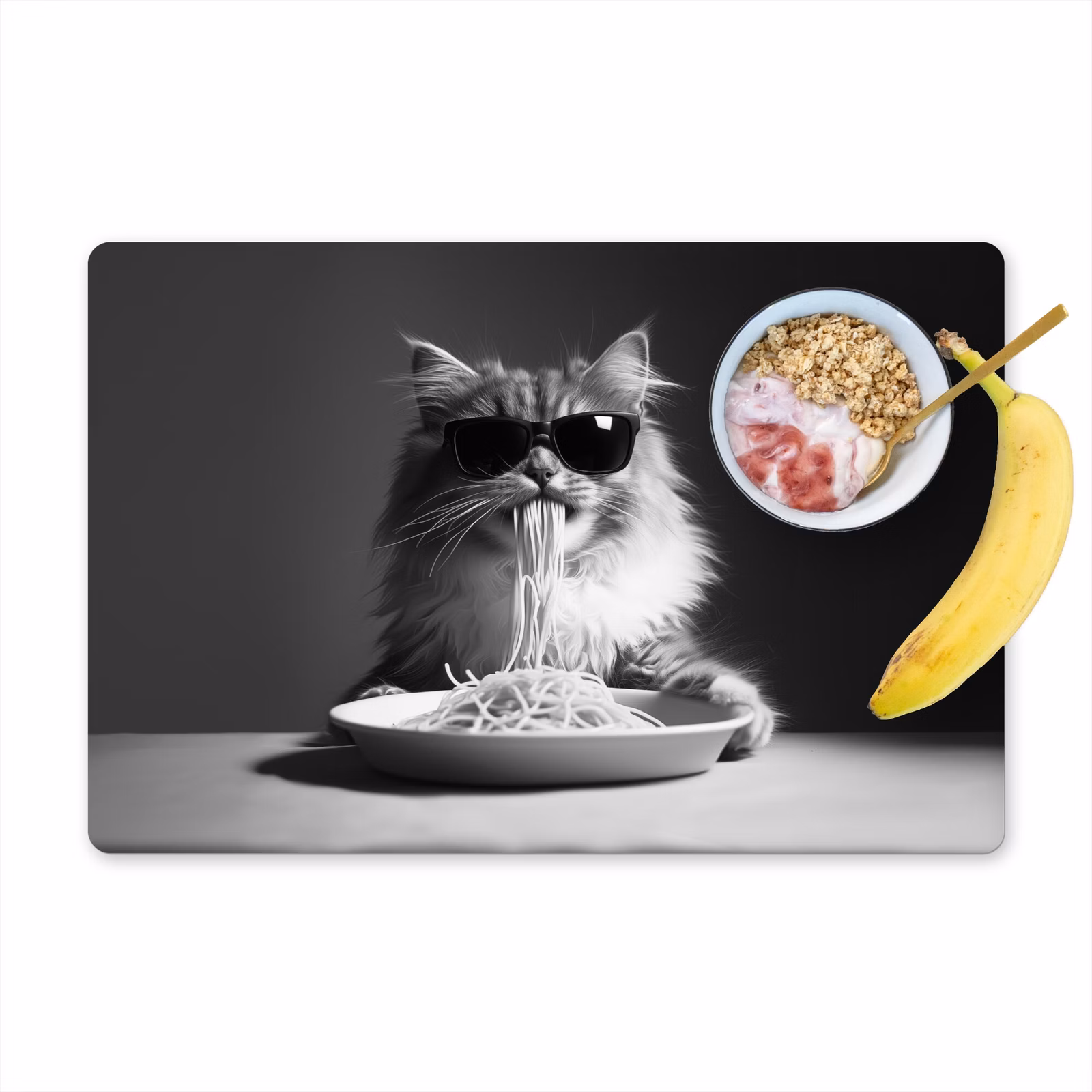 Salvamanteles - Gato de pelo largo - Gafas de sol - Espagueti - Humor - Negro - blanco — 1