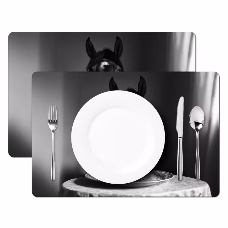 Salvamanteles - Caballo - Plato - Pasta - Mantel - Blanco y negro - Animales — 2