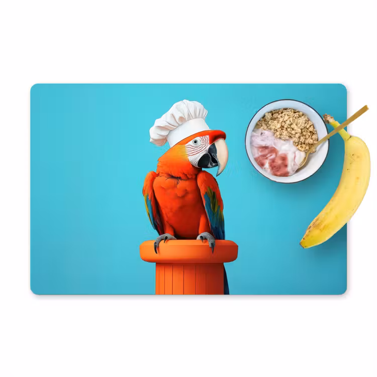Vinilo para manteles individuales - Guacamayo - Gorro de cocinero - Pedestal - Divertido — 1