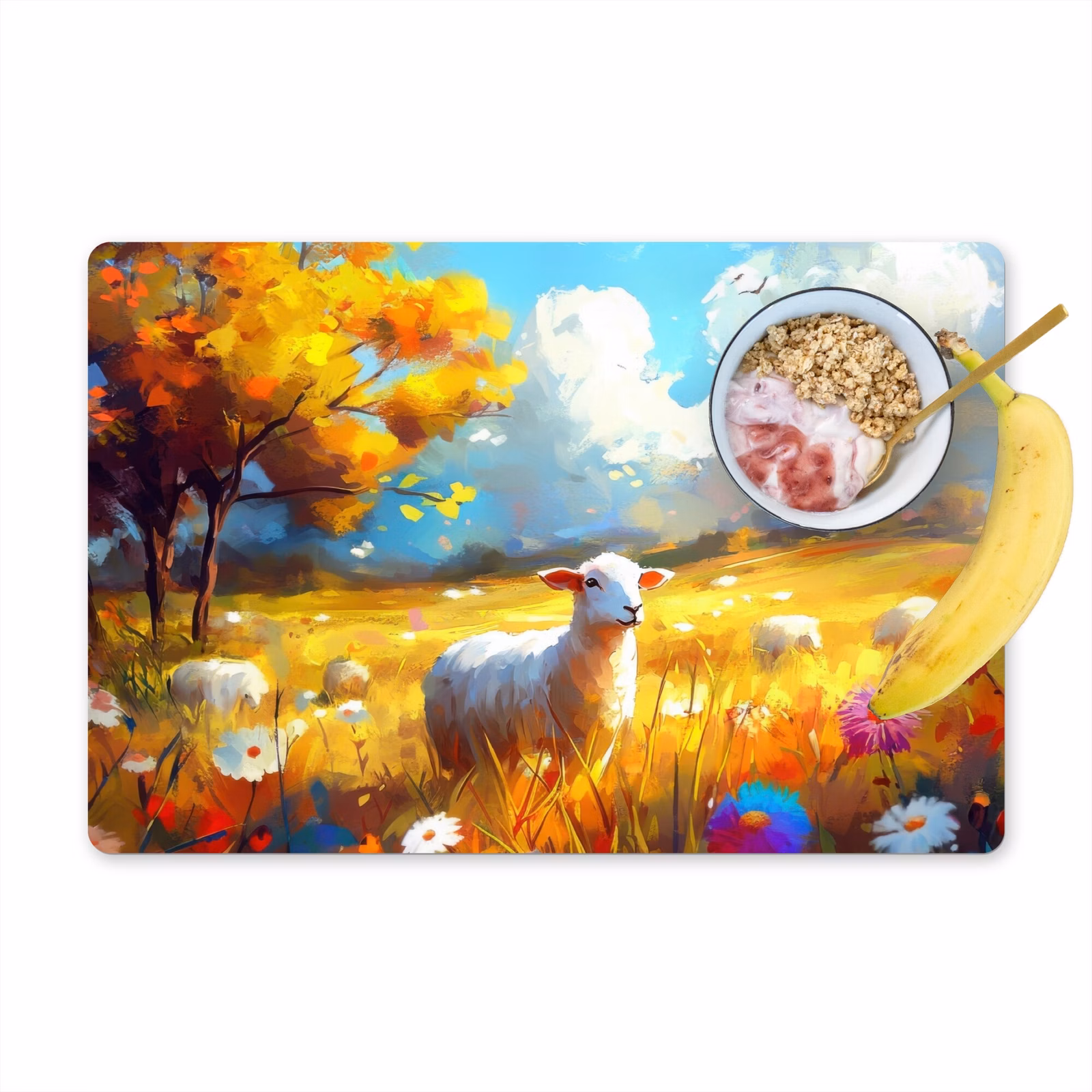 Vinilo para manteles individuales - Ovejas - Pradera - Flores — 1