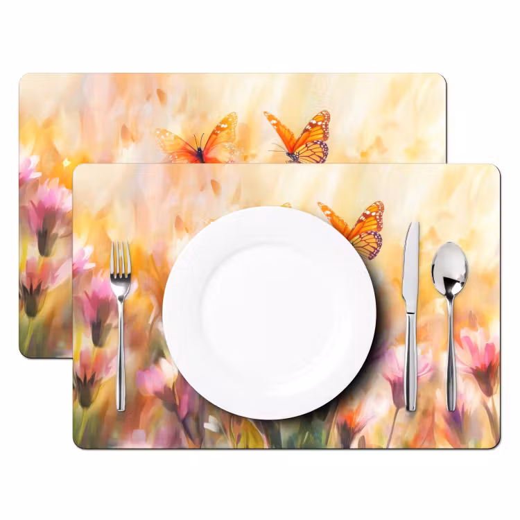 Vinilo para manteles individuales - Mariposas - Naranja - Flores — 2