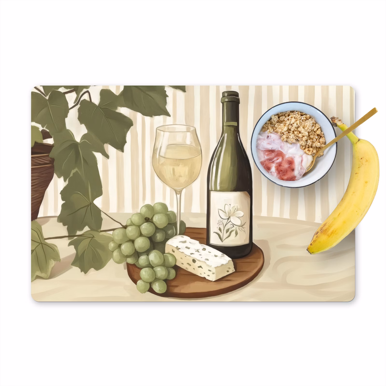 Vinilo para manteles individuales - Vino - Uvas - Queso - Hojas — 1