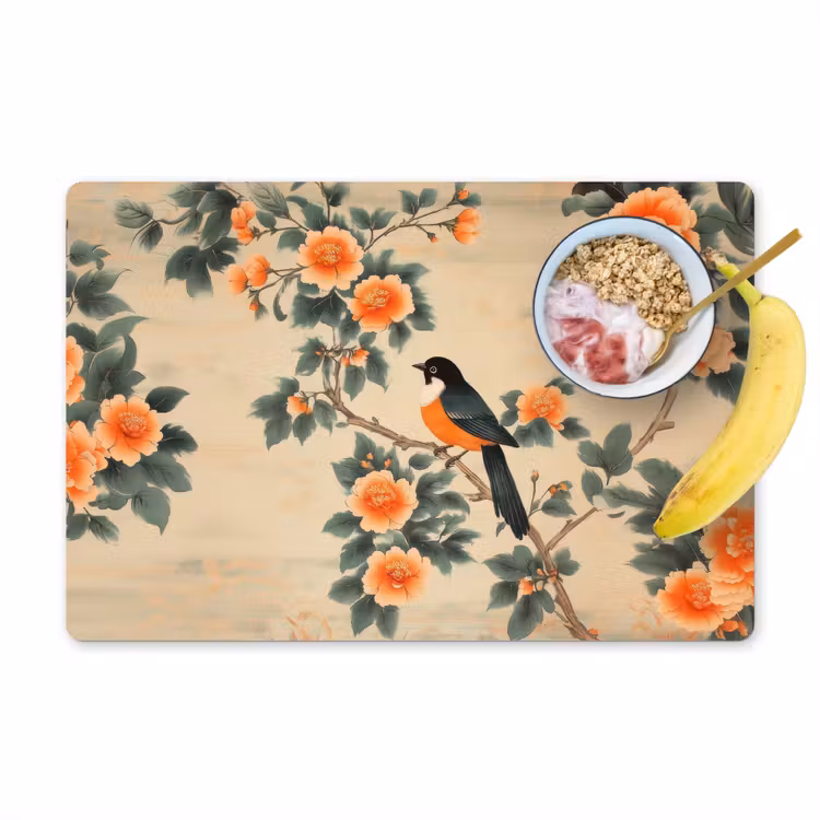 Vinilo para manteles individuales - Pájaro - Rama - Flores - Naranja — 1