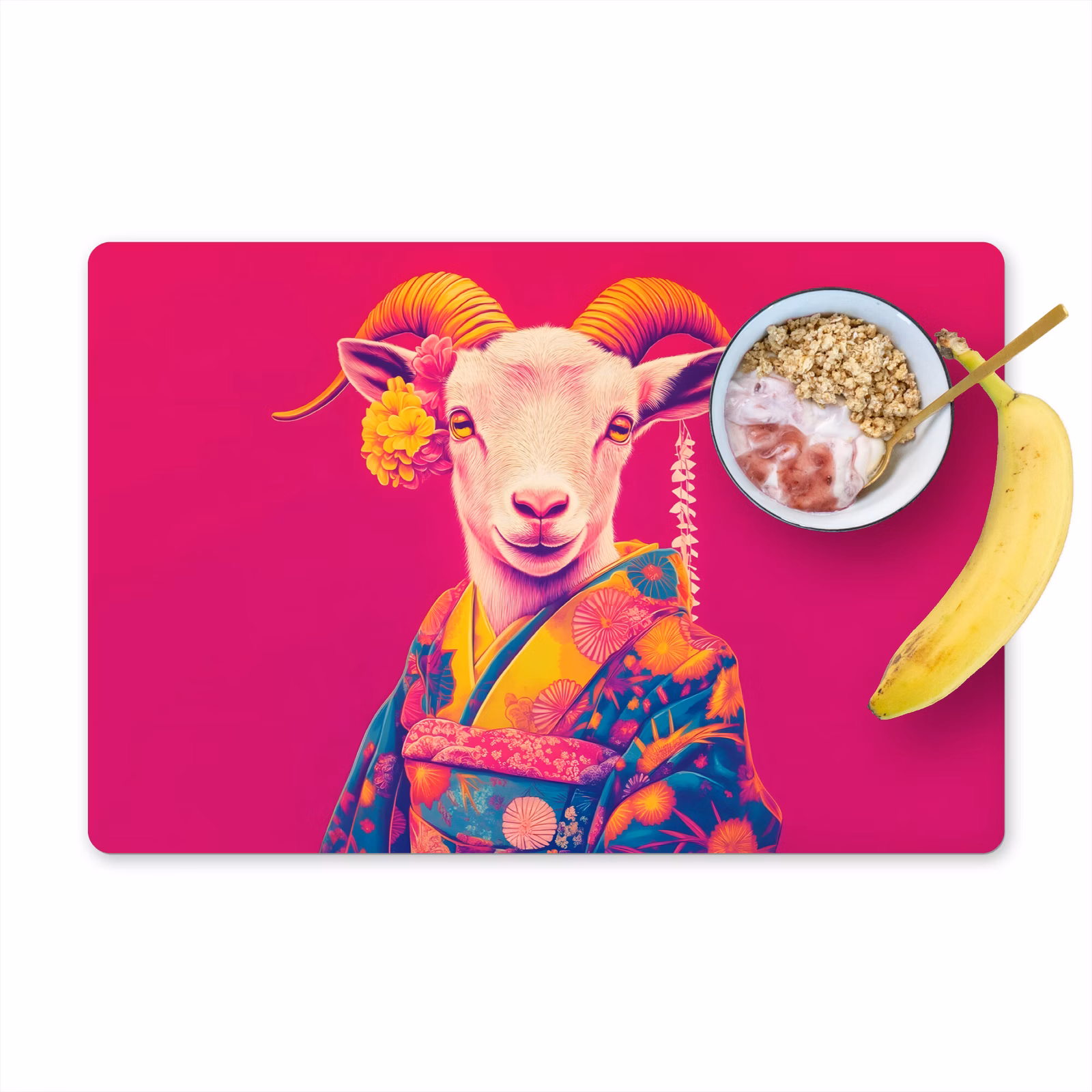 Vinilo para manteles individuales - Cabra - Cuernos - Kimono - Colorido — 1