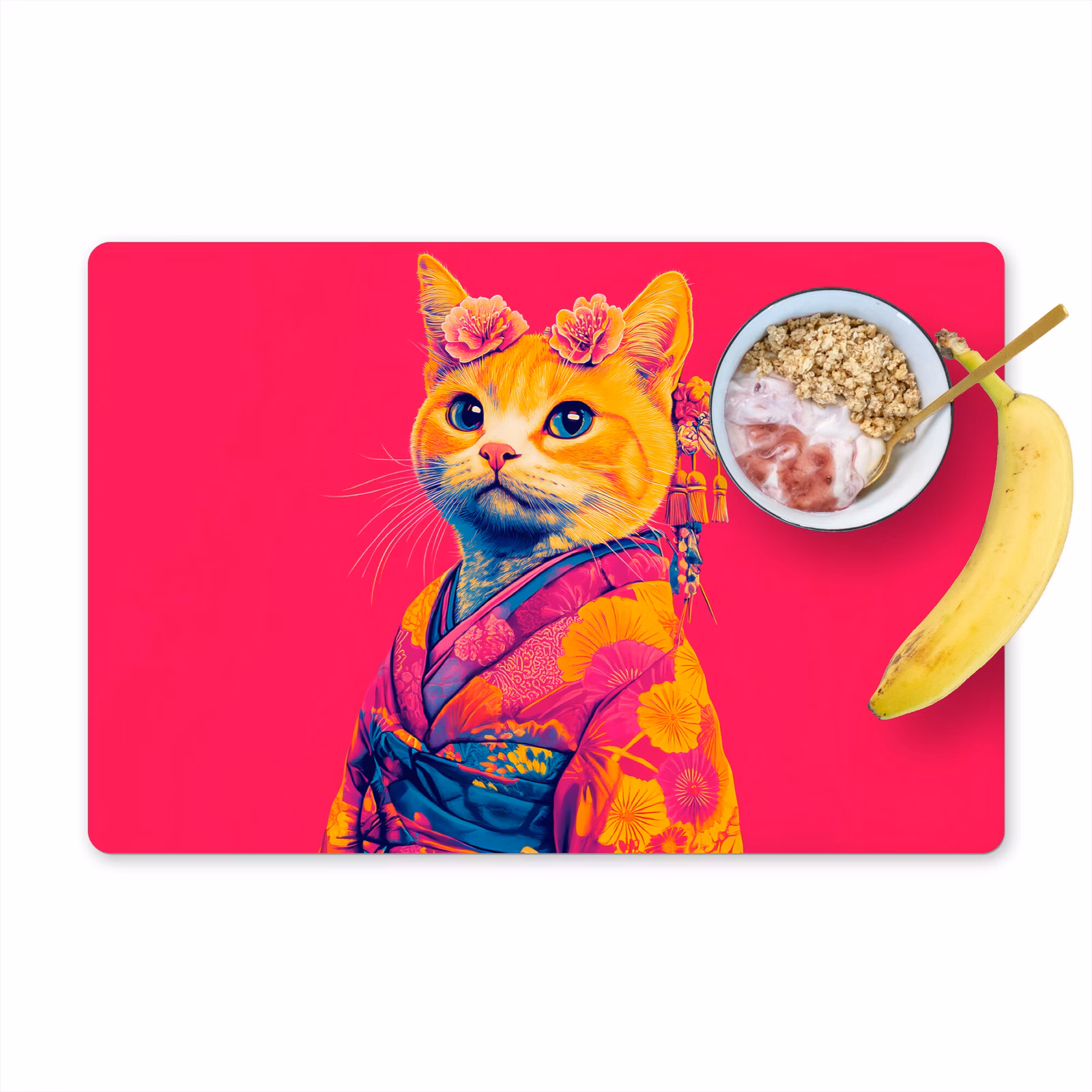 Vinilo para manteles individuales - Gato - Kimono - Flores - Rosa — 1