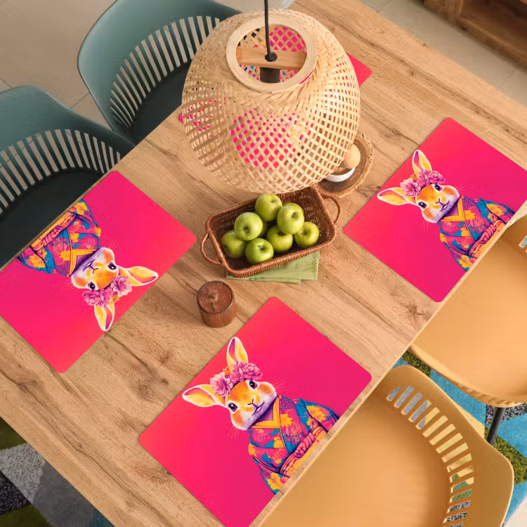 Vinilo para manteles individuales - Conejo - Flores - Colorido - Kimono — 3