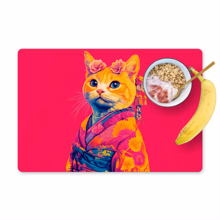 Vinilo para manteles individuales - Gato - Kimono - Flores - Rosa — 1