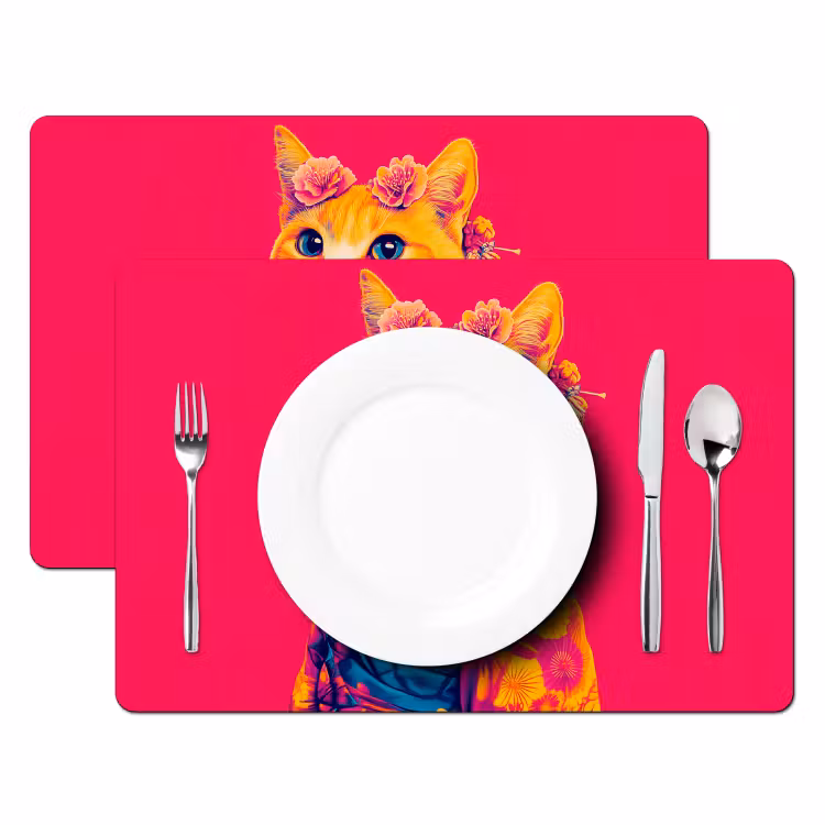Vinilo para manteles individuales - Gato - Kimono - Flores - Rosa — 2