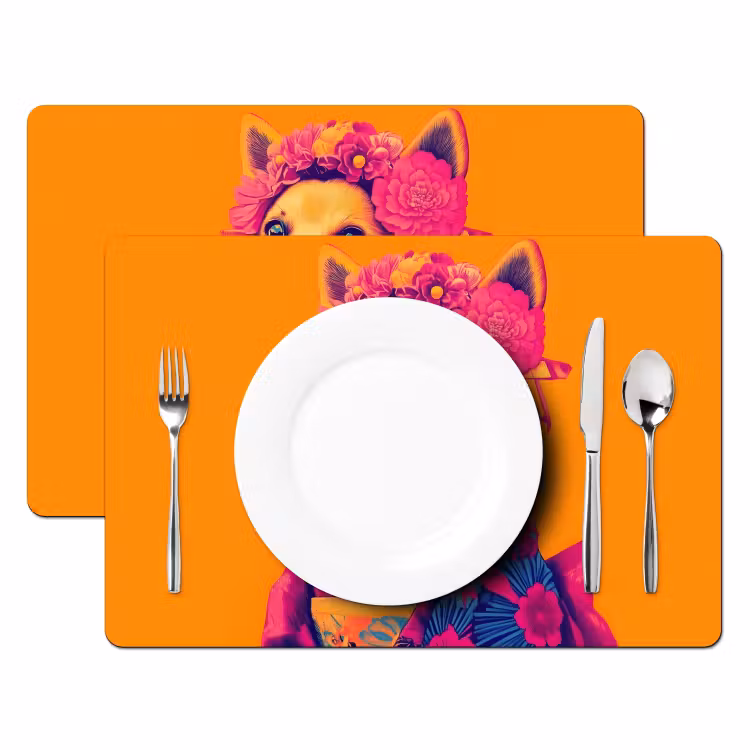Vinilo para manteles individuales - Kimono - Perrito - Corona de flores - Naranja — 2