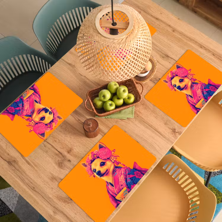 Vinilo para manteles individuales - Kimono - Perrito - Corona de flores - Naranja — 3