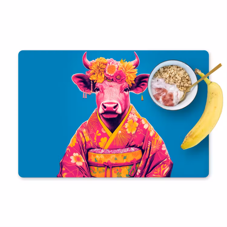 Vinilo para manteles individuales - Vaca - Corona de flores - Pendientes - Kimono — 1