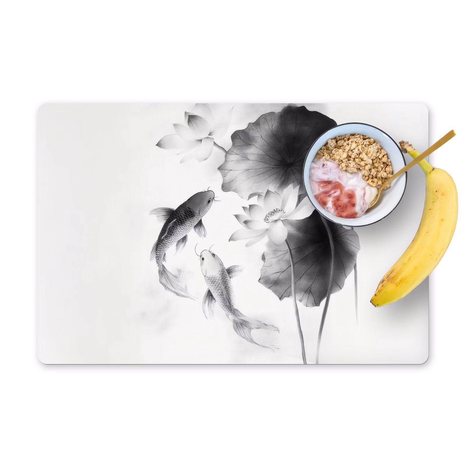 Vinilo para manteles individuales - Flores de loto - Peces - Hojas - Negro — 1